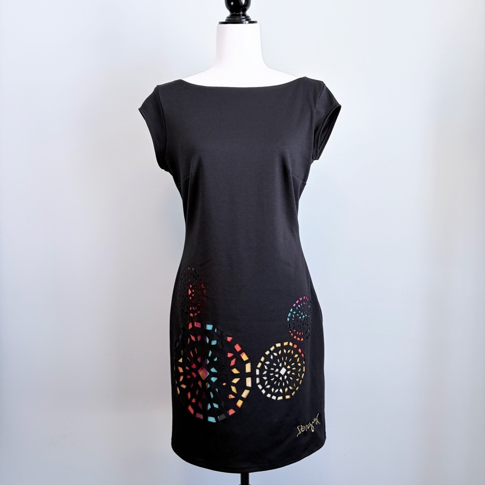 Desigual Sheath Dress Cap Sleeves Artsy Teacher Cut Out Black Women's Large